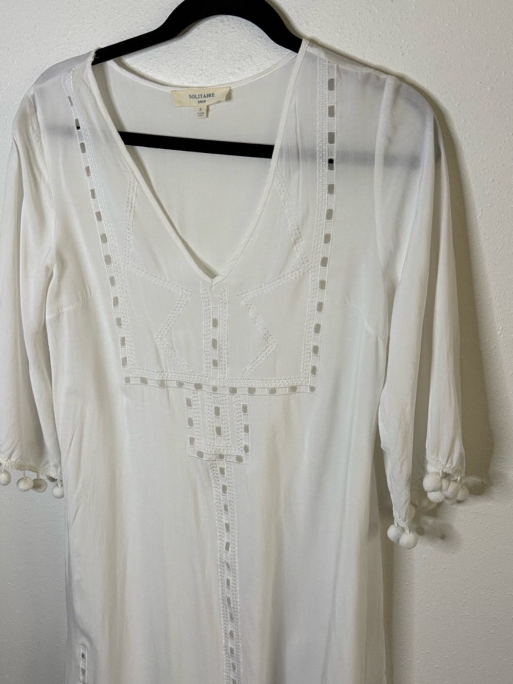 Solitaire Swim White Pom Pom Cover Up Dress Boho Beach Size S - Picture 6 of 7